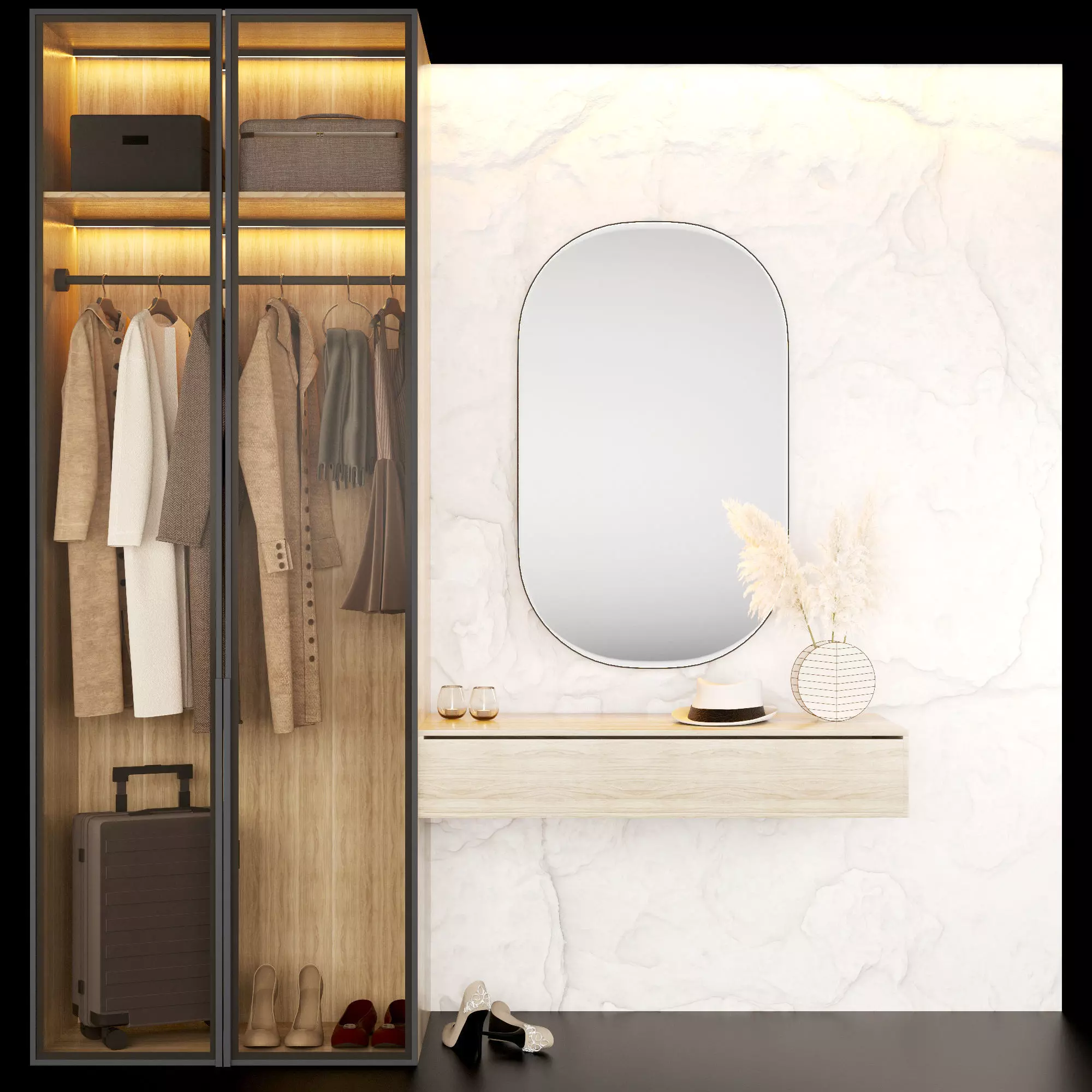 Hallway wardrobe with mirror and clothes hanging in it 3D model_0