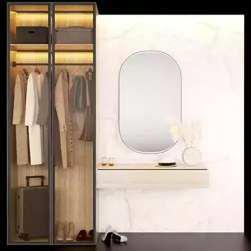 Hallway wardrobe with mirror and clothes hanging in it