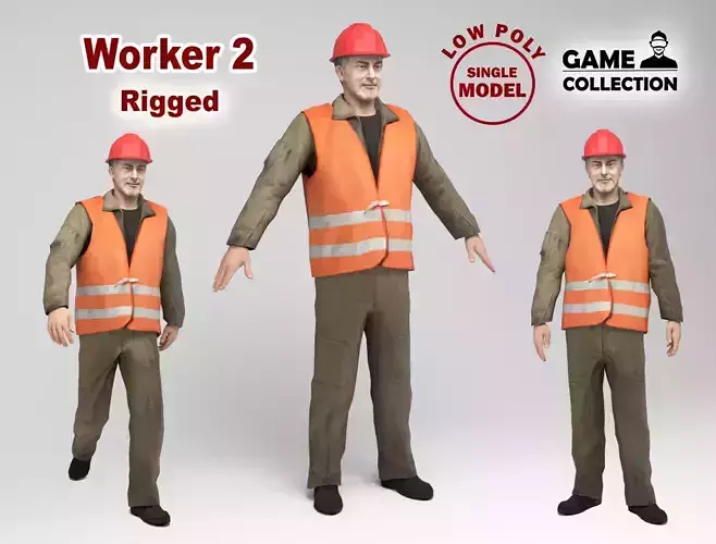 Worker 2 construction in orange vest Low-poly 3D model