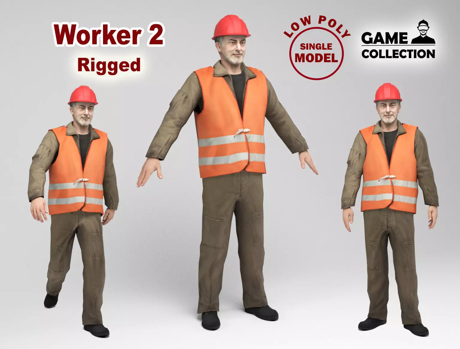 Worker 2 construction in orange vest Low-poly 3D model_0