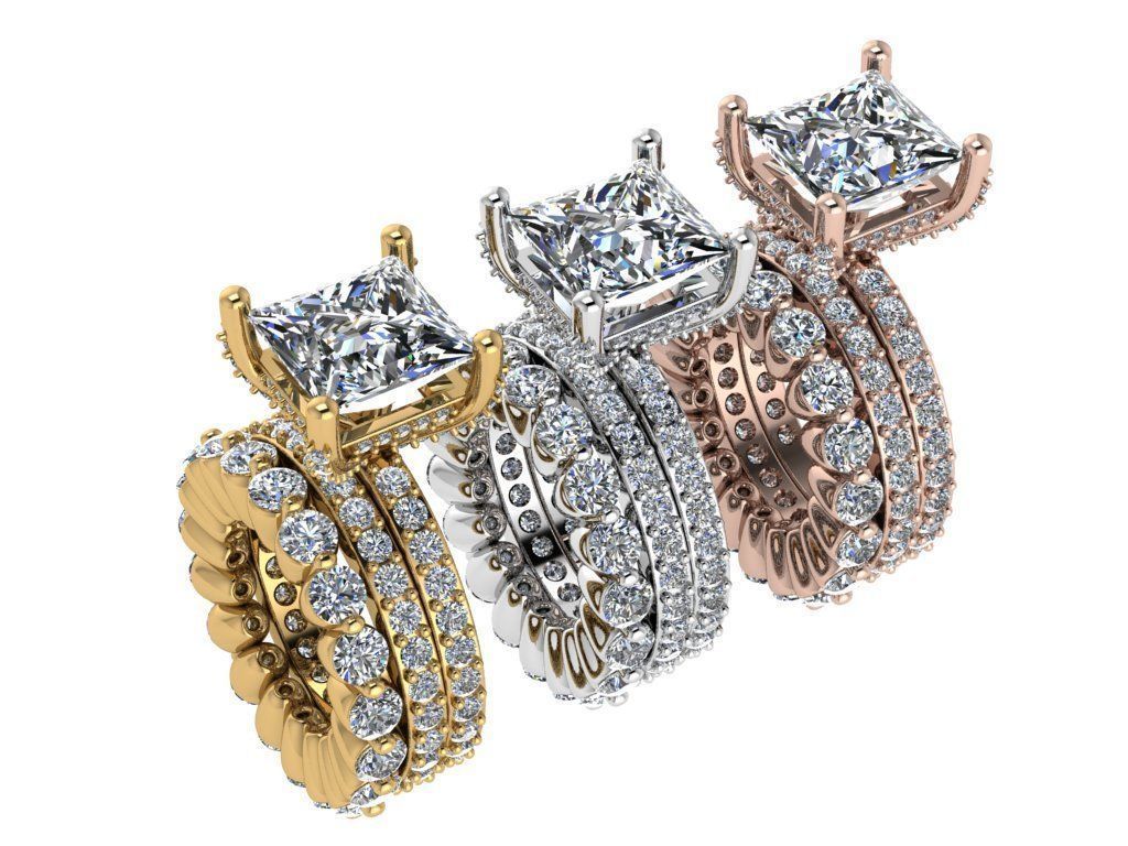 Ring187 princess cut diamond ring set gold 3D print model_4