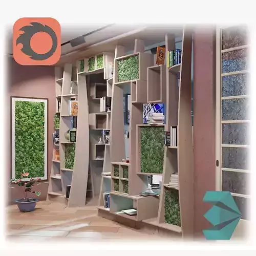 Wooden bookcase with moss inserts