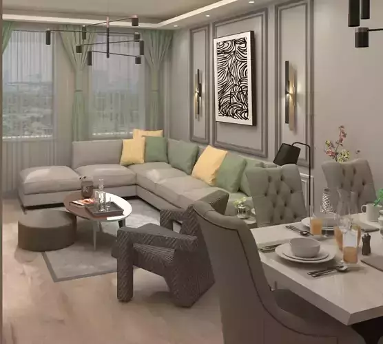 Details modern living room with dining table and chairs