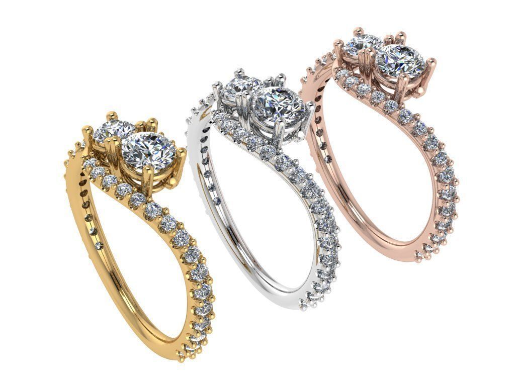 Ring200 gold diamond ring with two stones 3D print model_4