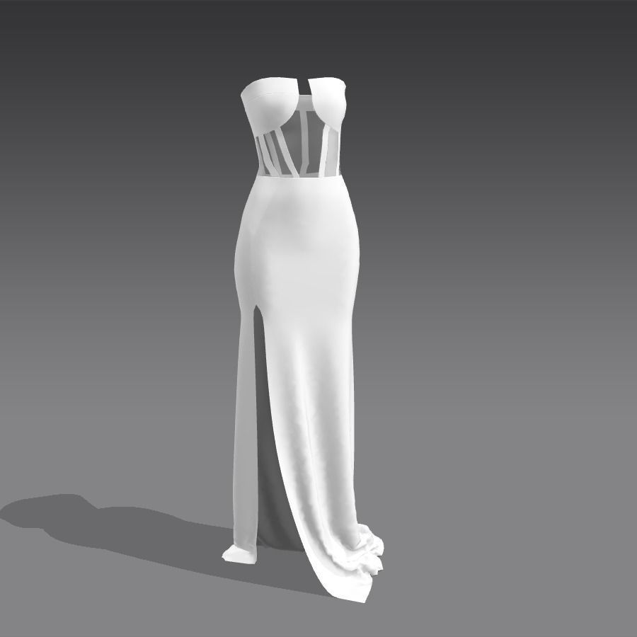 CORSET DRESS WHITE SILK SATIN ELEGANCE LOOK MODERN SLIT DRESS 3D model_1