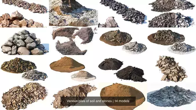 Various piles of soil and stones
