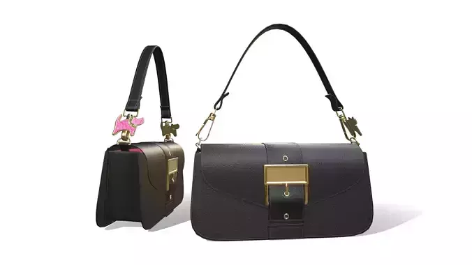 Black leather handbag with pink cat pendent 