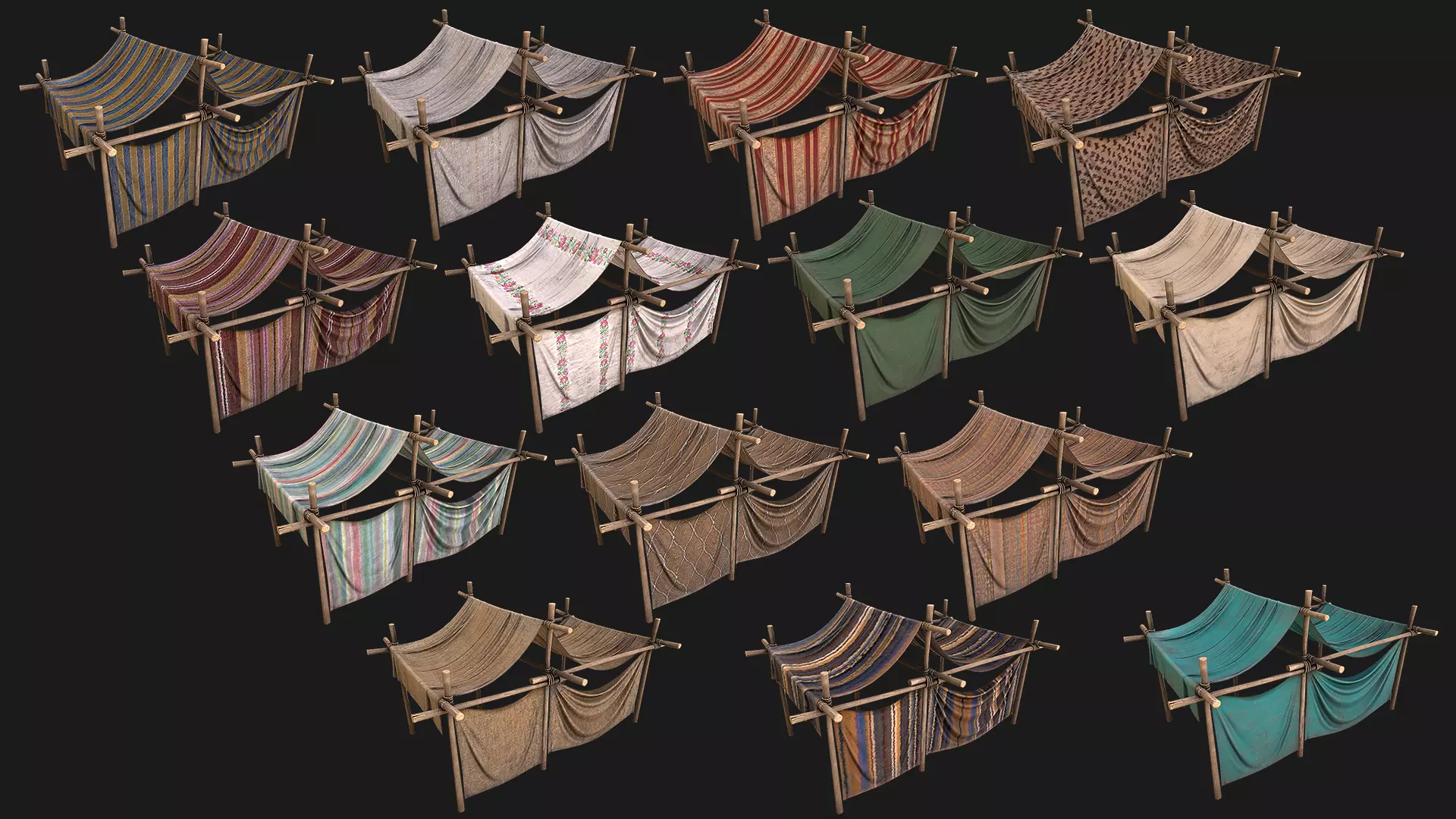 Market Stalls Tent Camping Pack Bazaar Merchant Stand set Low-poly 3D model