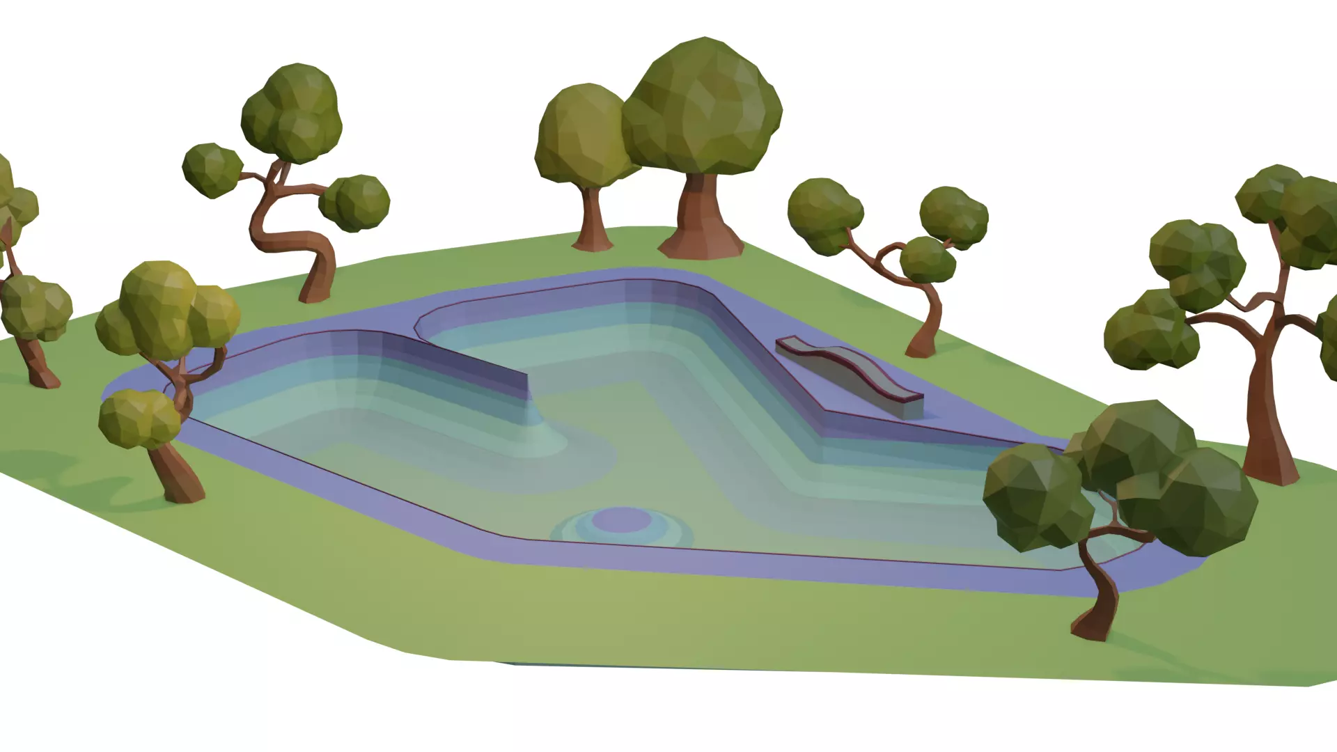 Low poly skatepark swimming pool with trees Free 3D model_0