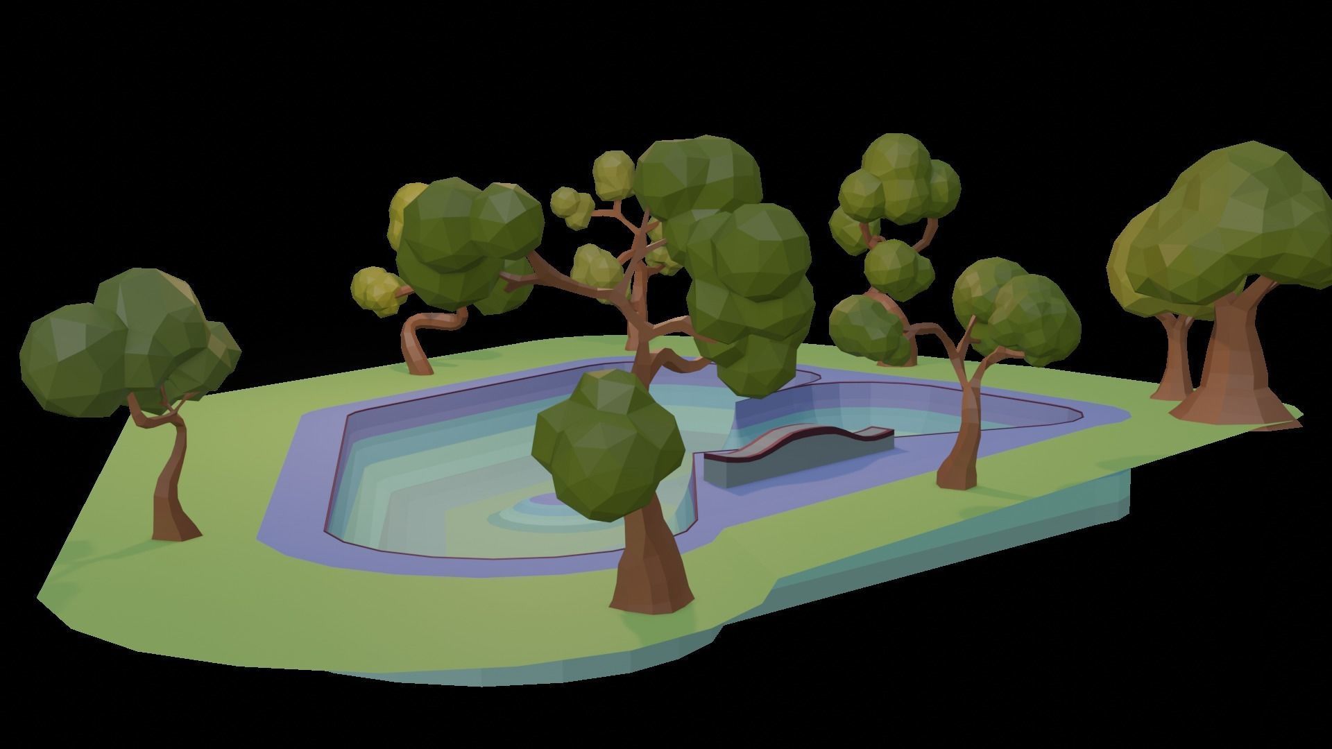 Low poly skatepark swimming pool with trees Free 3D model_2