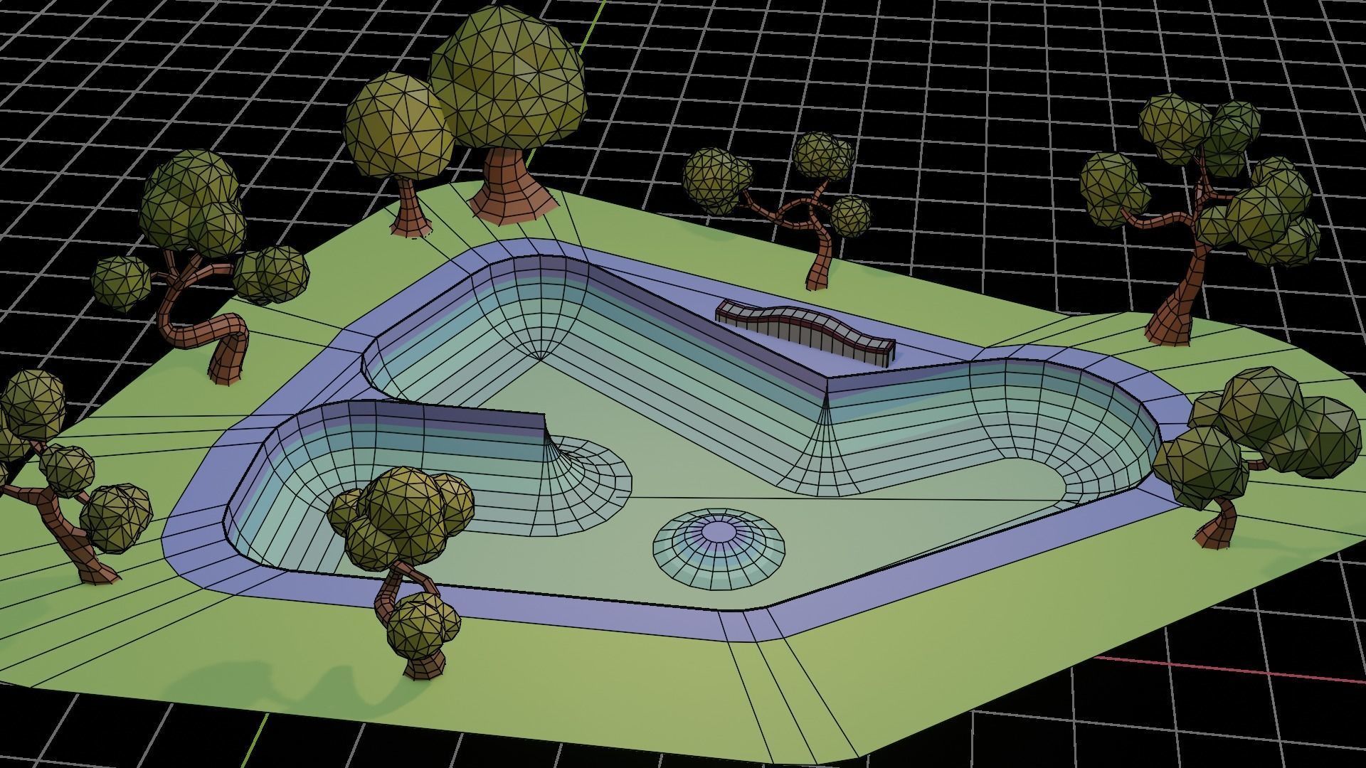 Low poly skatepark swimming pool with trees Free 3D model_5