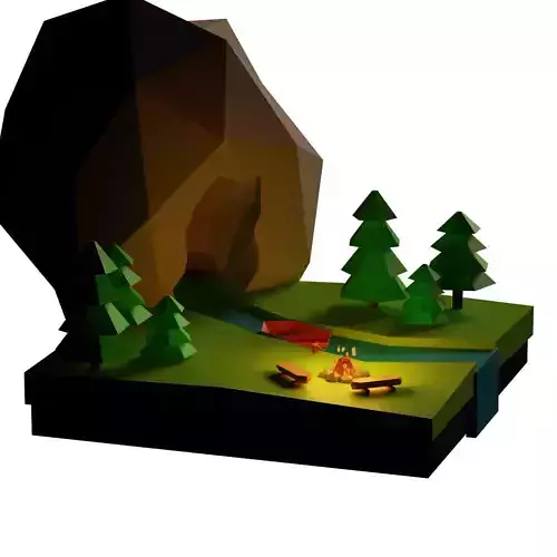 Low Poly Forest camping with campfire and trees Free 3D model