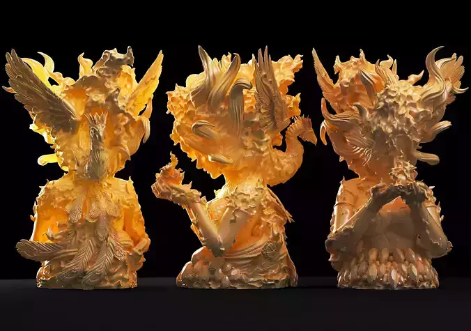 Sculpture three statues of woman with golden head