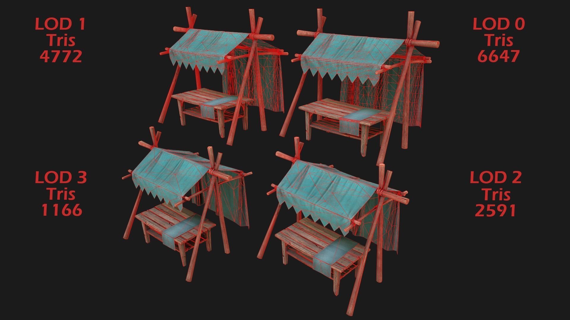 Large Market Stalls Tent Pack Low-poly 3D model_35