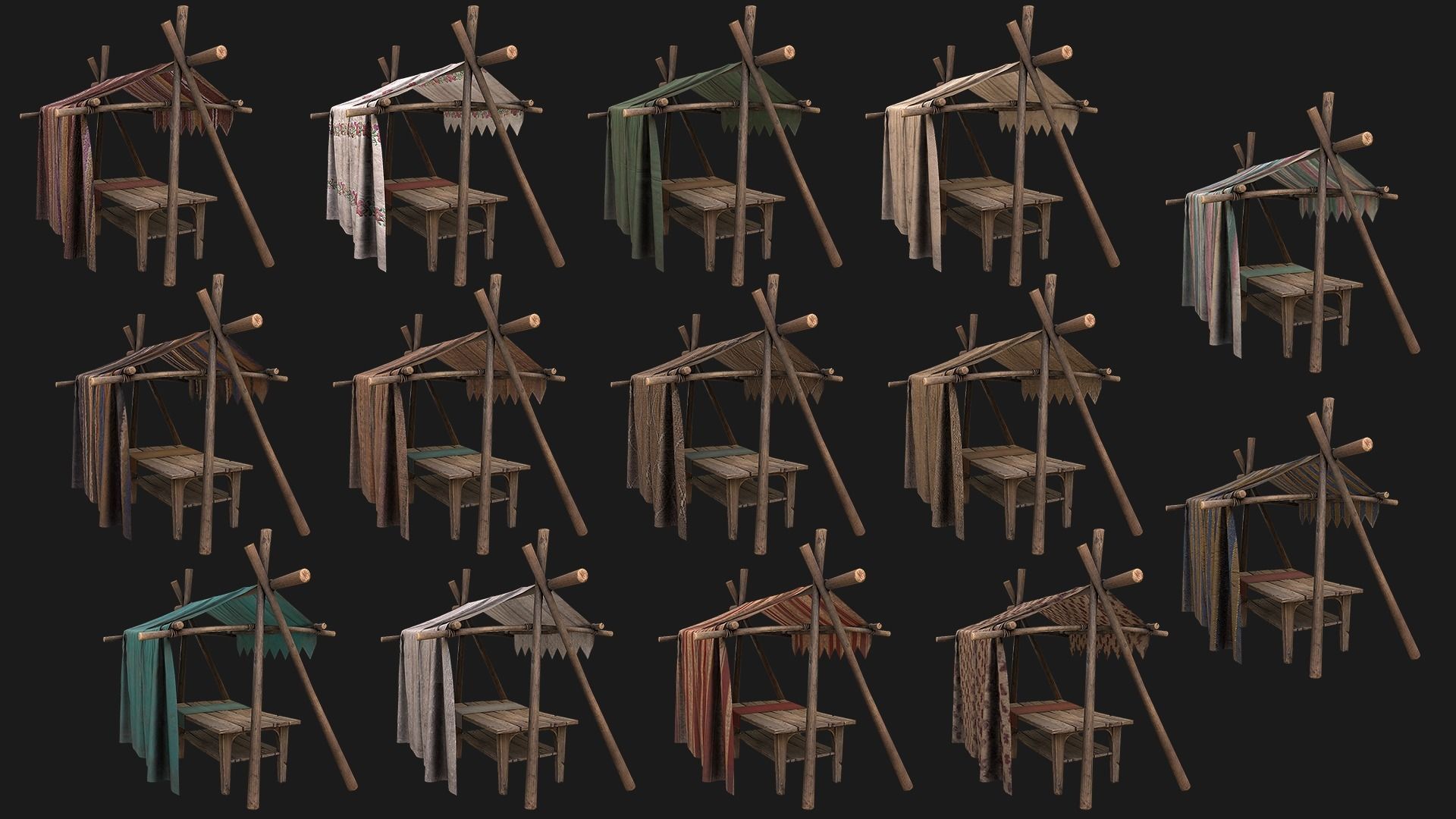 Large Market Stalls Tent Pack Low-poly 3D model_12
