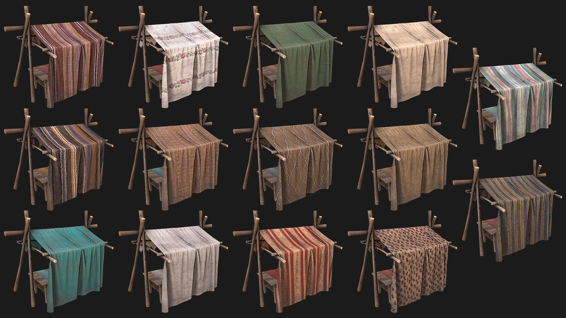 Large Market Stalls Tent Pack Low-poly 3D model_10