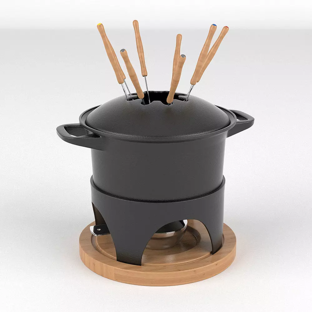 Fondue Set pot with wooden sticks 3D model_0