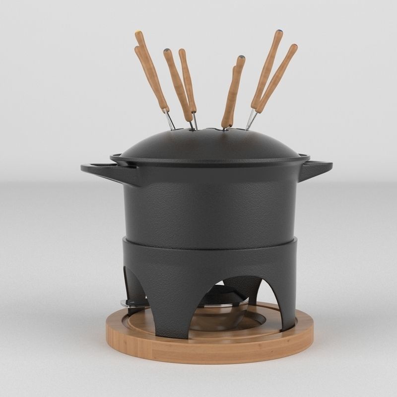Fondue Set pot with wooden sticks 3D model_1