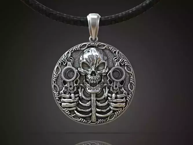 Angry Skull smoking guns round pendant 
