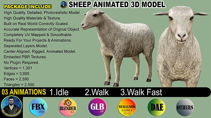 Sheep Animated Low-poly 3D model