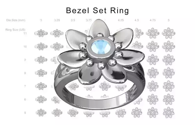 Floral Bezel Set Ring - 9 stone sizes x 7 ring sizes - 63 rings 3D print model