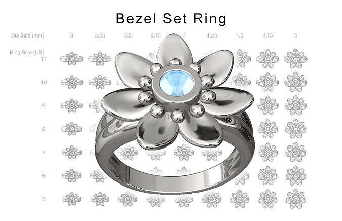 Floral Bezel Set Ring - 9 stone sizes x 7 ring sizes - 63 rings 3D print model