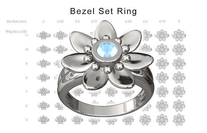 Floral Bezel Set Ring - 9 stone sizes x 7 ring sizes - 63 rings 3D print model