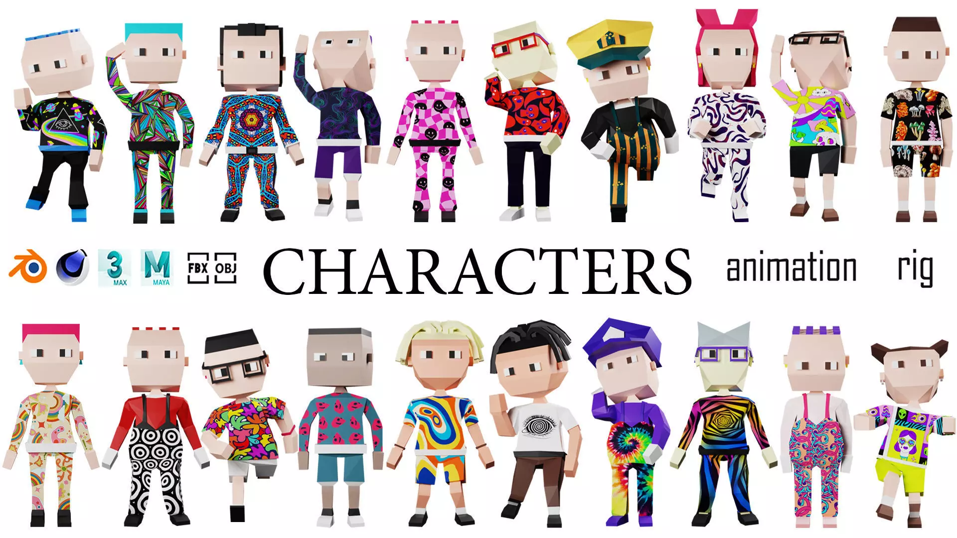 Low poly characters 01 pack 3d model Low-poly 3D model