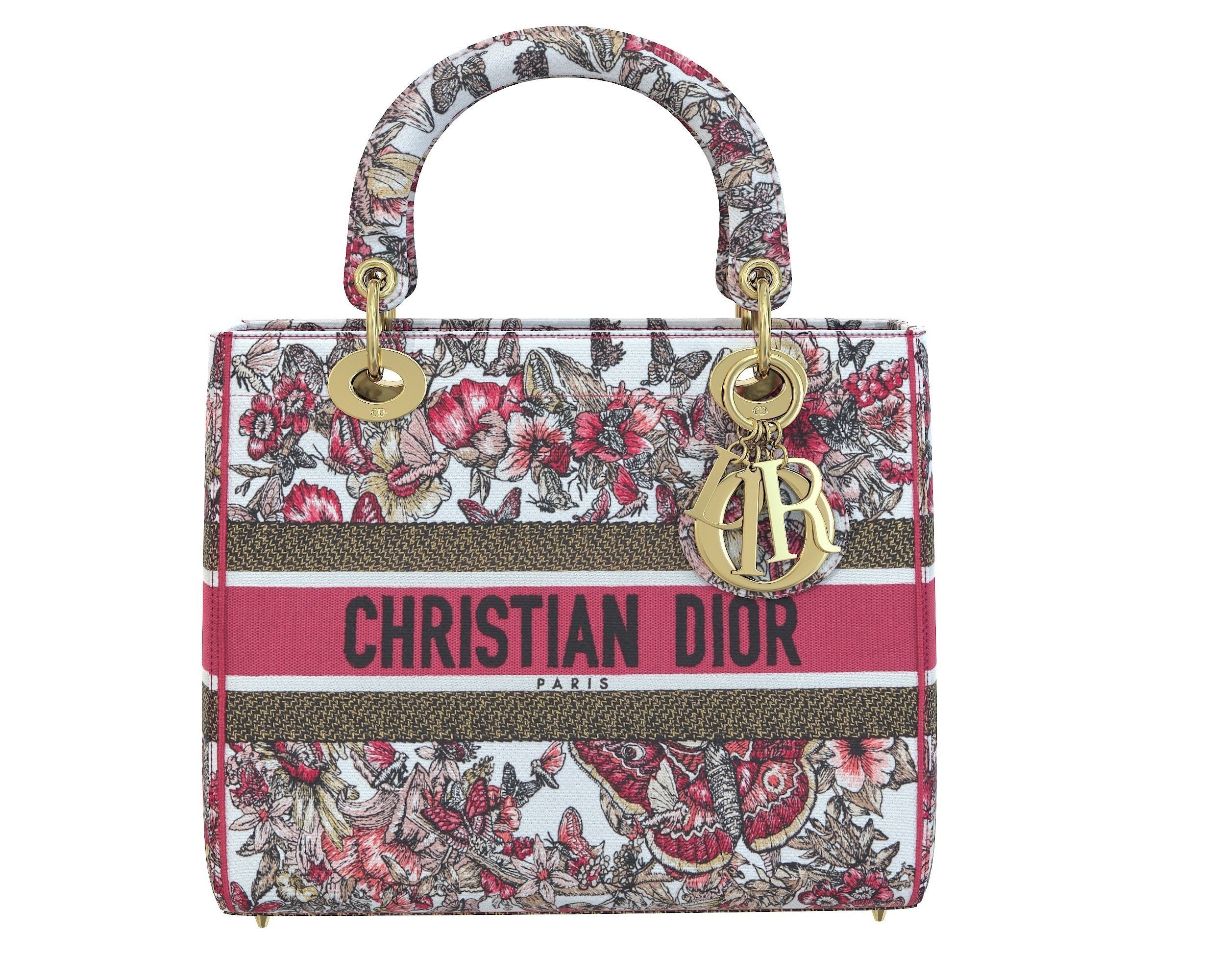 Christian Dior Small Lady Bag Multicolor Butterfly Embroidery Low-poly 3D model_2