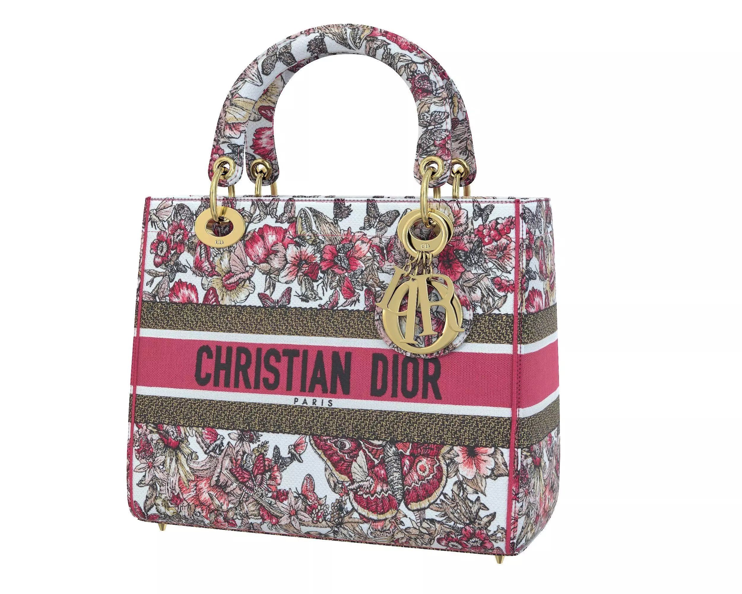 Christian Dior Small Lady Bag Multicolor Butterfly Embroidery Low-poly 3D model_0