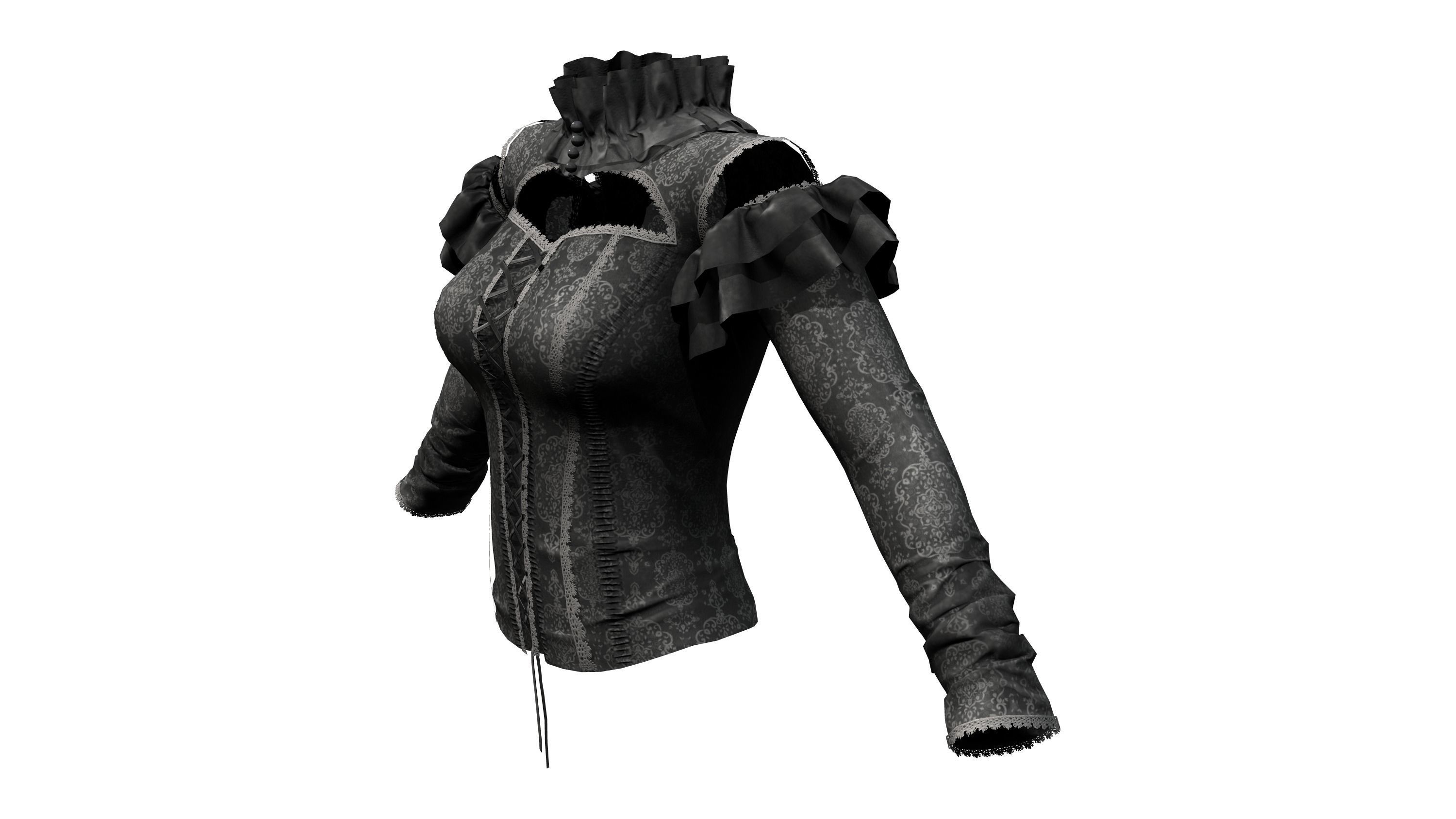 Black Long Sleeves Punk Rave Blouse Top Corset Low-poly 3D model_2