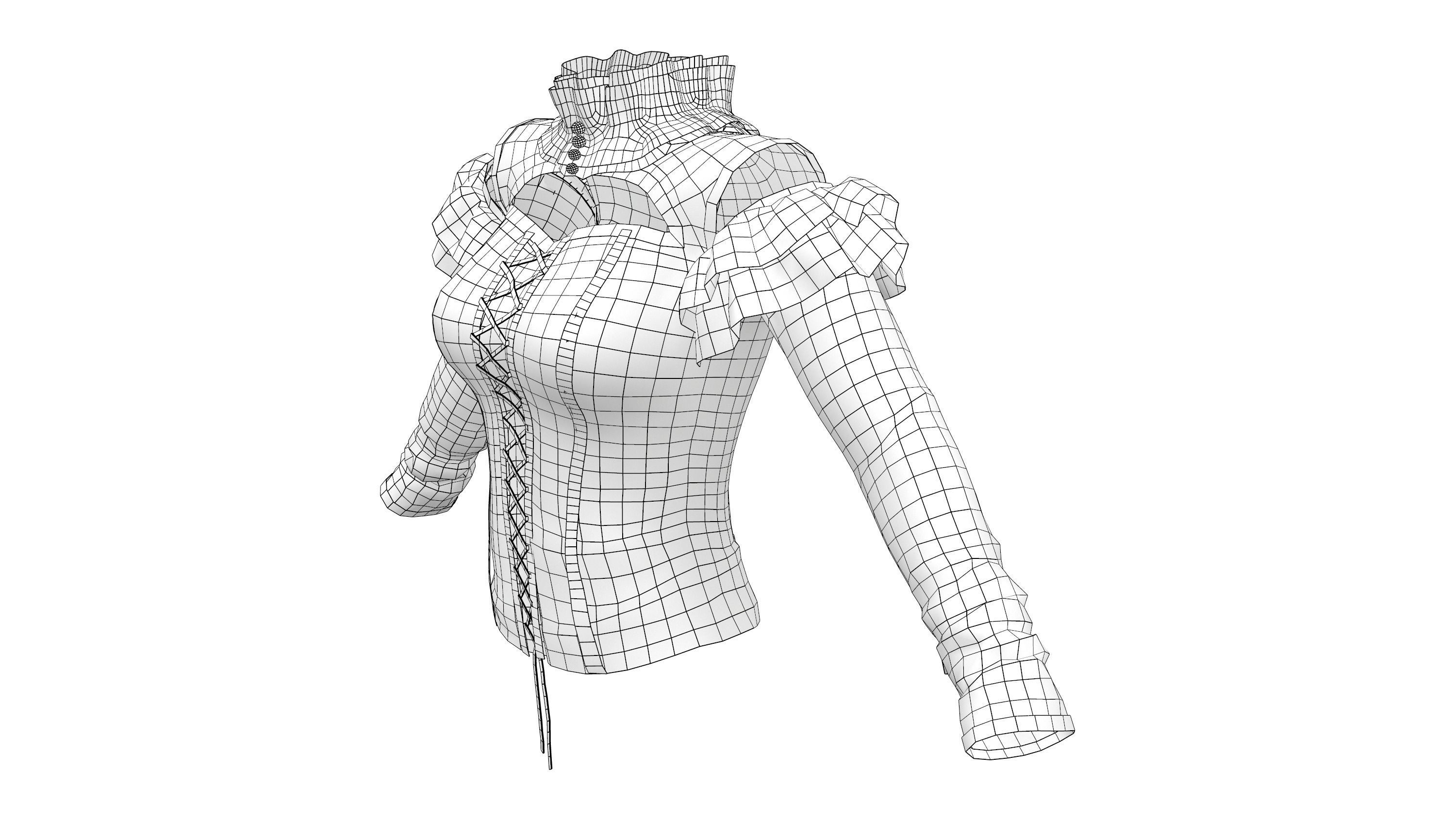 Black Long Sleeves Punk Rave Blouse Top Corset Low-poly 3D model_7