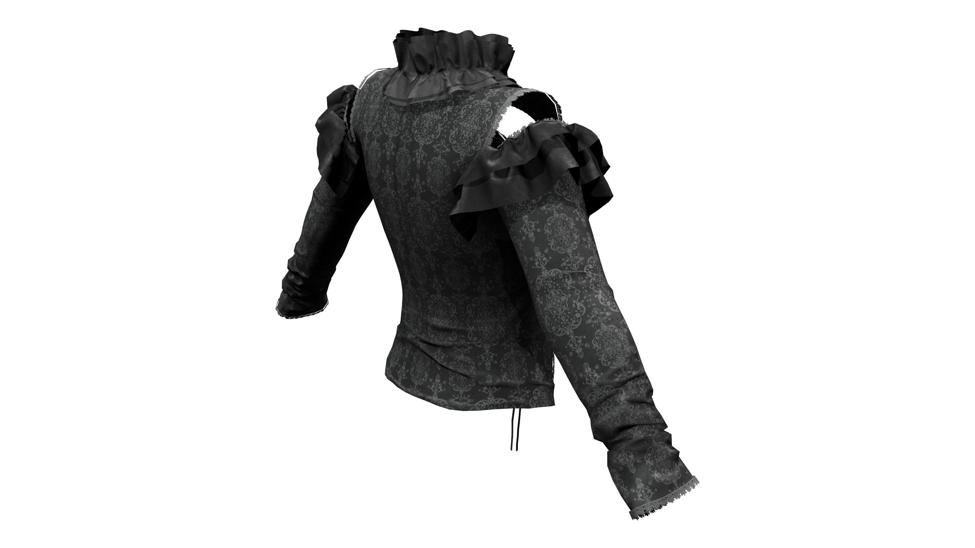 Black Long Sleeves Punk Rave Blouse Top Corset Low-poly 3D model_5
