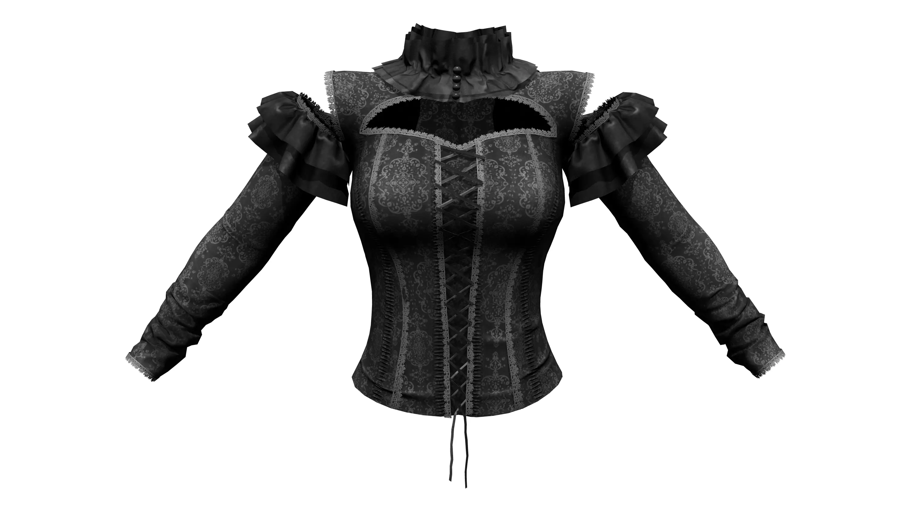 Black Long Sleeves Punk Rave Blouse Top Corset Low-poly 3D model_0
