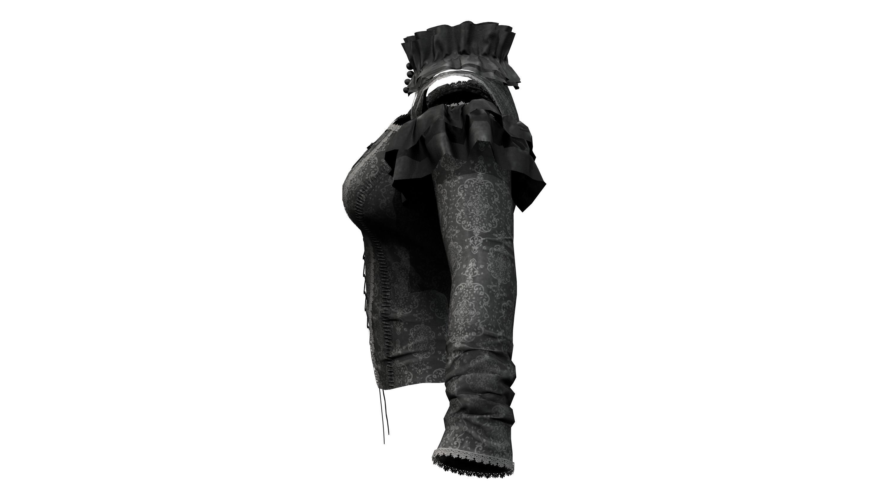 Black Long Sleeves Punk Rave Blouse Top Corset Low-poly 3D model_3