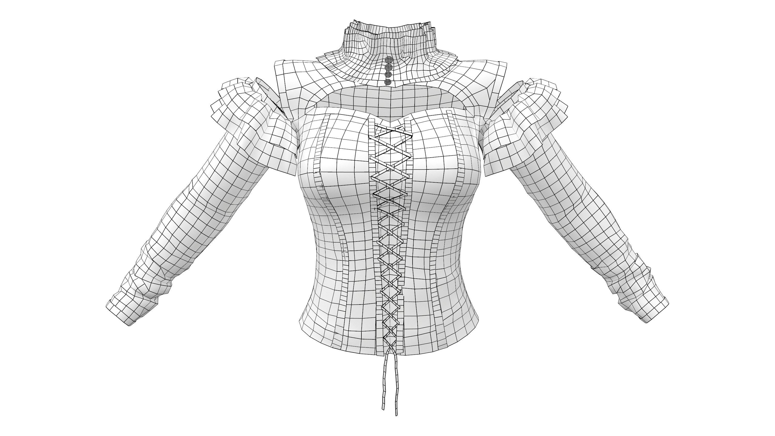Black Long Sleeves Punk Rave Blouse Top Corset Low-poly 3D model_6