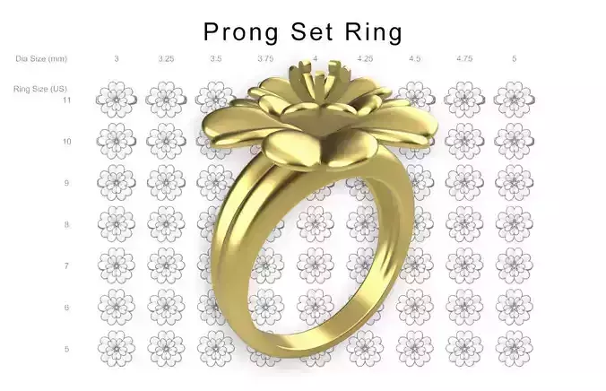 Flower Prong Set Ring - 9 diamond sizes x 7 ring sizes 3D print model