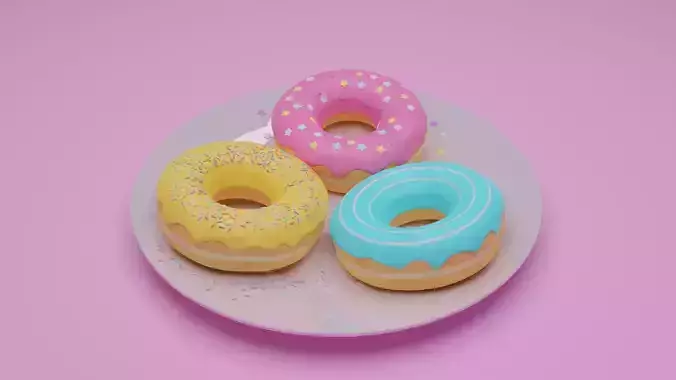 Doughnut Low Poly three donuts on plate Low-poly 3D model