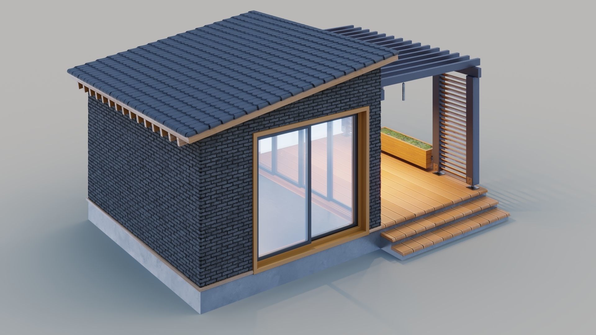 Pavilion with terrace and pergola 3D model_7