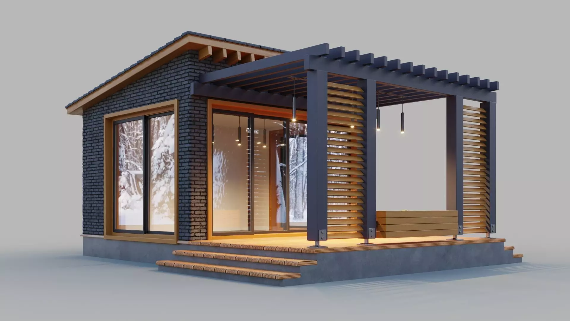 Pavilion with terrace and pergola 3D model_0