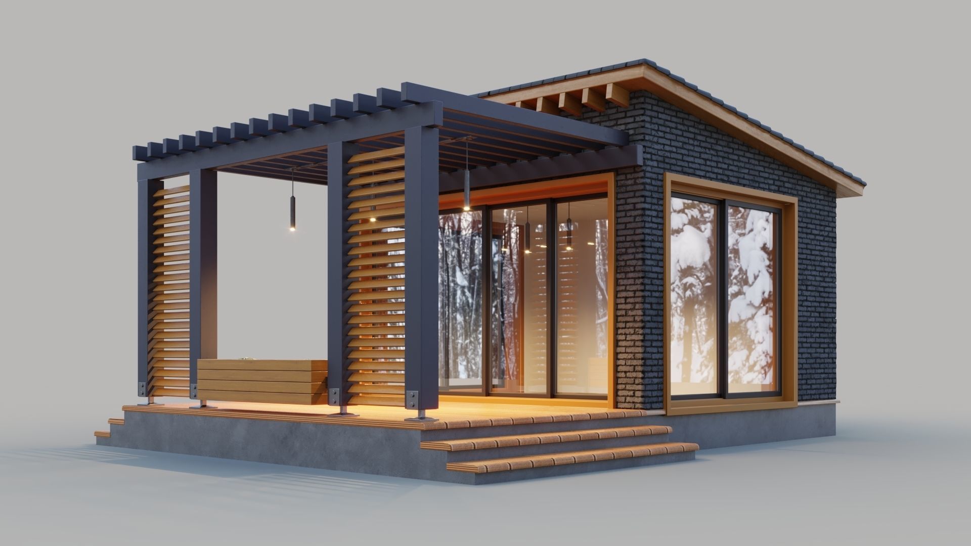 Pavilion with terrace and pergola 3D model_1