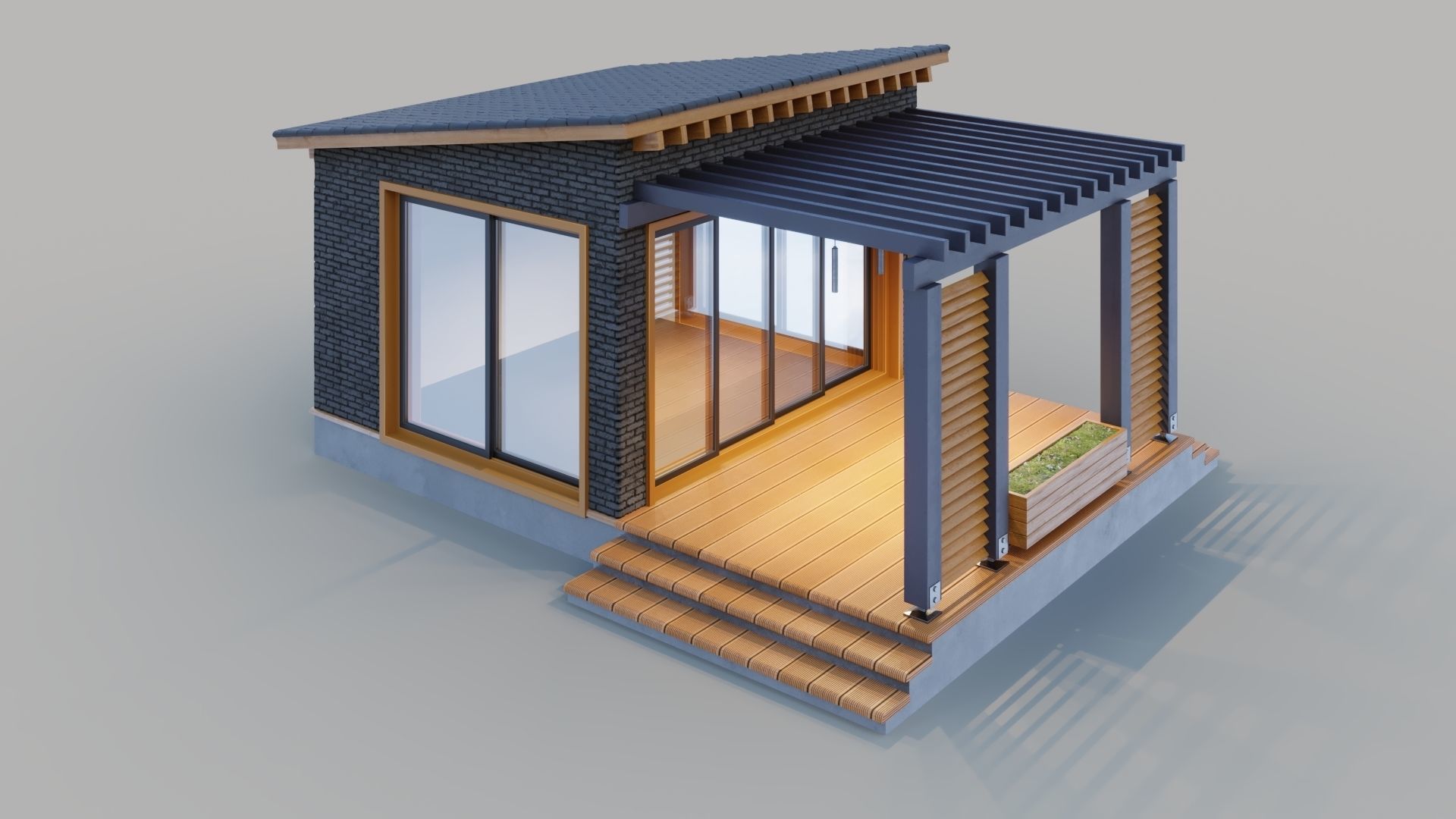 Pavilion with terrace and pergola 3D model_4