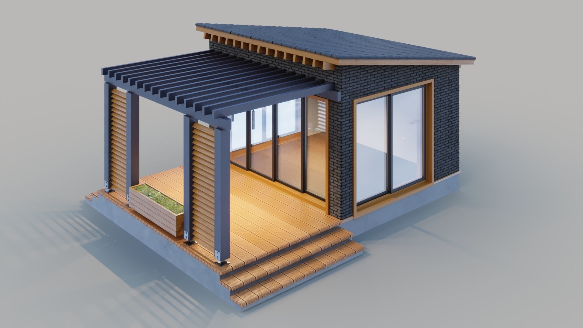 Pavilion with terrace and pergola 3D model_5