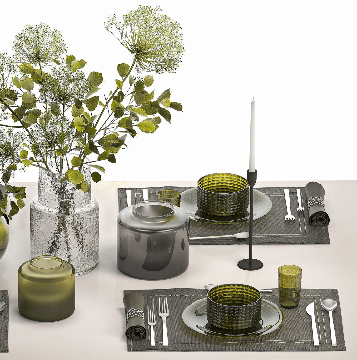 Stylish Table Setting For 4 Persons With A Bouquet 3D model_4
