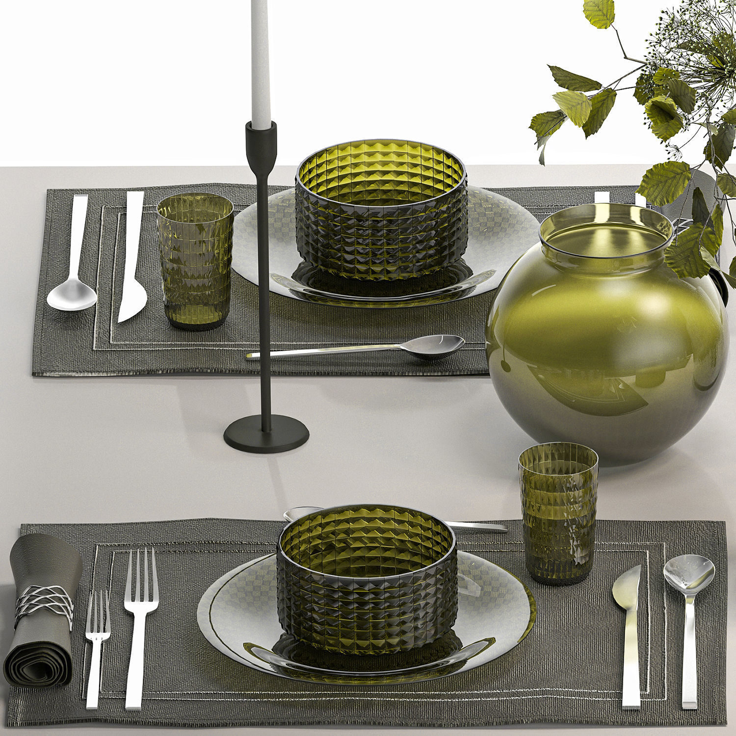 Stylish Table Setting For 4 Persons With A Bouquet 3D model_5