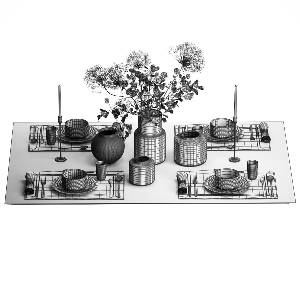 Stylish Table Setting For 4 Persons With A Bouquet 3D model_7