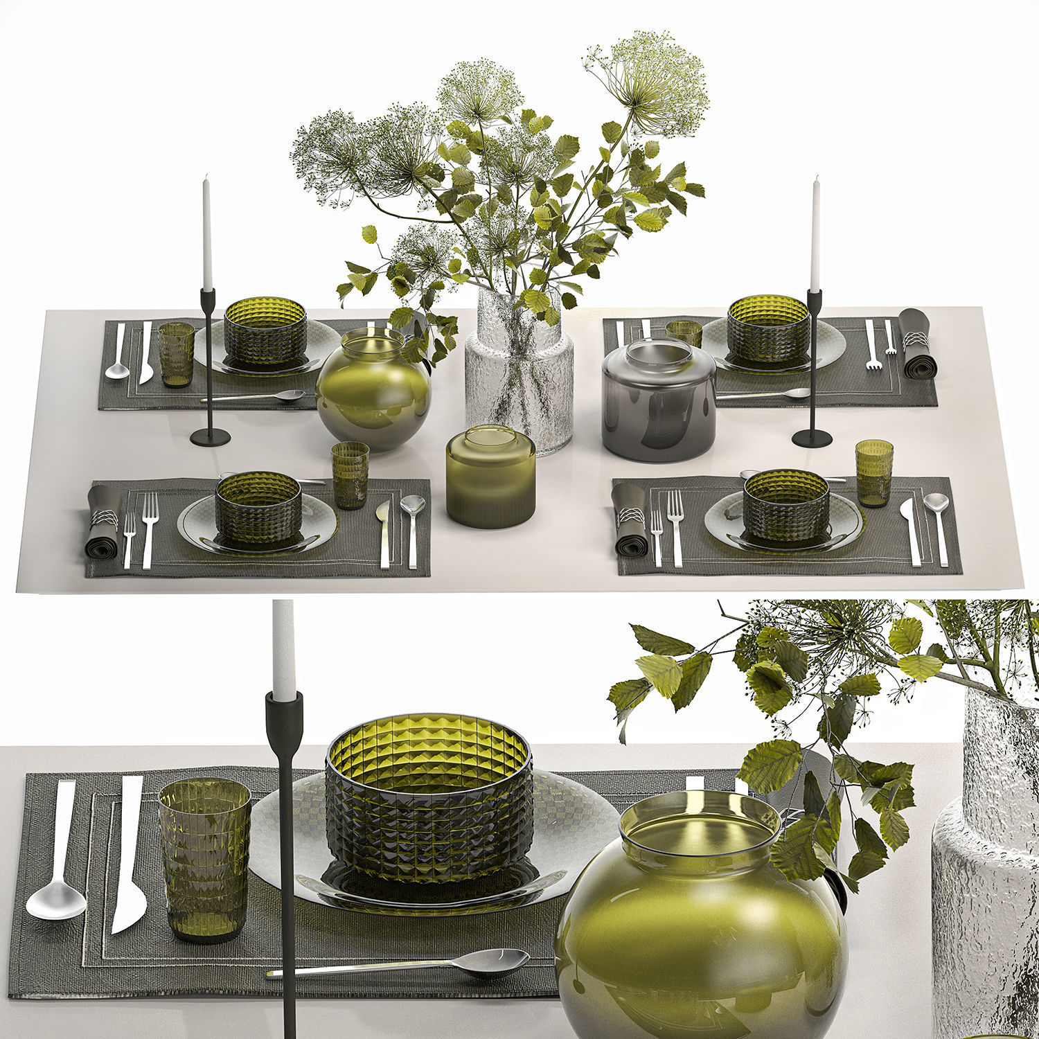 Stylish Table Setting For 4 Persons With A Bouquet 3D model_1