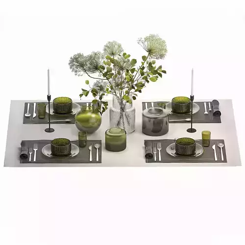 Stylish Table Setting For 4 Persons With A Bouquet 3D model