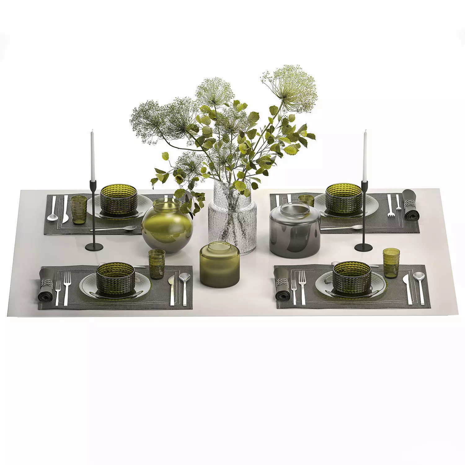 Stylish Table Setting For 4 Persons With A Bouquet 3D model_0