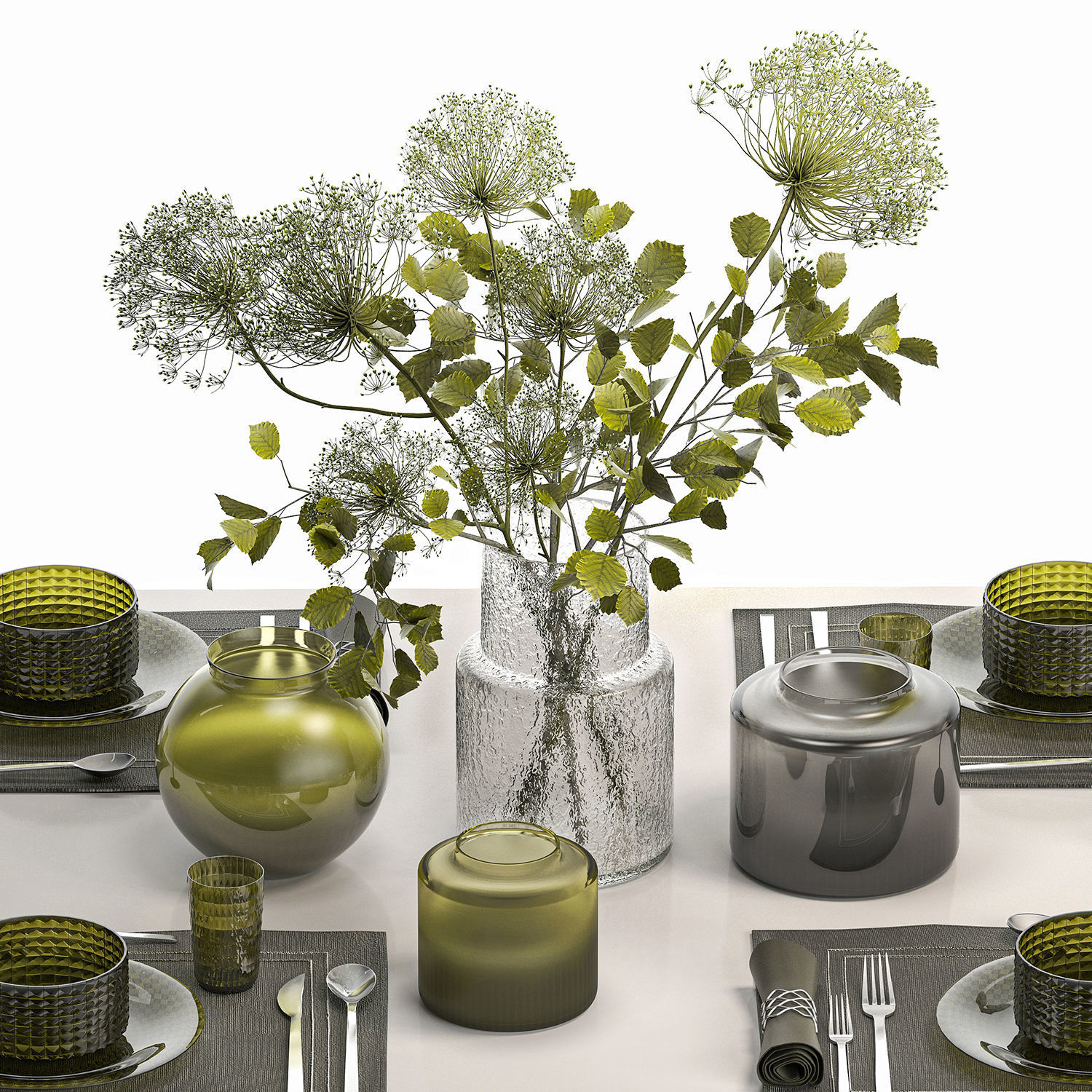 Stylish Table Setting For 4 Persons With A Bouquet 3D model_2